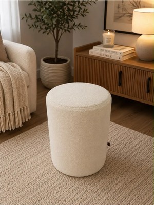 Wooly Life Puf Tedy Kumaş Oturma Pufu Çok Amaclı Makyaj Koltuğu Beyaz