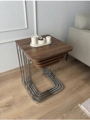 Eryalux Home 4'lü Tekerli Zigon Sehpa (Gümüş - Barok Ahşap)