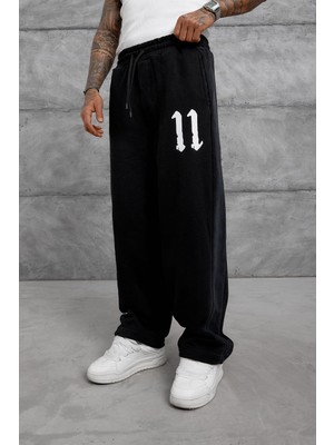 Siyah 11 Baskı Baggy Eşofman Altı