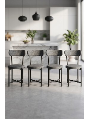 Bezos Sandalye 4 Adet Keten Kumaş Metal Ayak Modern Mutfak Sandalyesi Cafe Balkon Ofis Teddy 9809 Antrasit