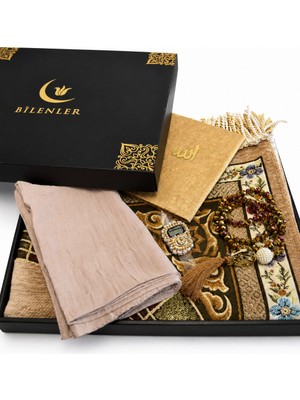Bilenler Astarlı Seccade Seti Lale Desen– Kristal Tesbih, Kadife Yasin, Taşlı Zikirmatik ve Bambu Örtü Kutulu