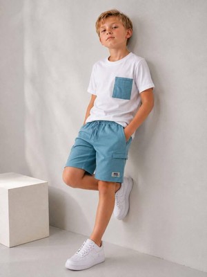 Cg Kids Kargo Cepli Mavi Şort & Beyaz T-Shirt Cep Detaylı Erkek Çocuk Alt Üst Takım