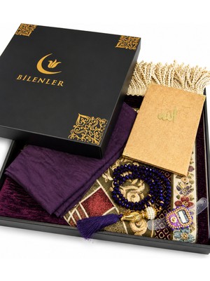 Bilenler Astarlı Seccade Seti Lale Desen– Kristal Tesbih, Kadife Yasin, Taşlı Zikirmatik ve Bambu Örtü Kutulu