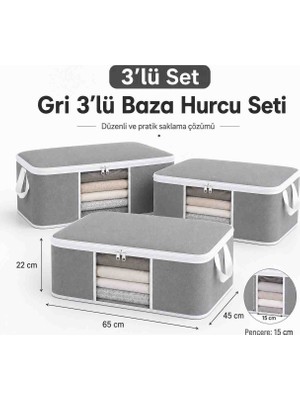 Melisa Tekstil 3’lü Pencereli Baza Hurcu Çok Amaçlı Saklama Organizeri Gri 65X45X22 cm
