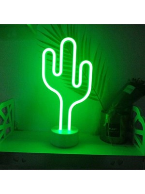 Meks Pil Neon Işıklı Kaktüs Masa Gece Lambası ve USB