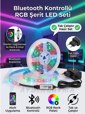Yeo Aydınlatma Bluetooth Kontrollü Akıllı 5m Rgb Şerit LED Seti - Telefon Uygulamalı, Fişli Trafolu Tak Çalıştır Iç Mekan Aydınlatma
