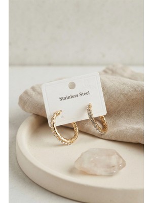 Mey İthalat 316L Çelik Gold Renk Zirkon Taşlı Halka Model Küpe