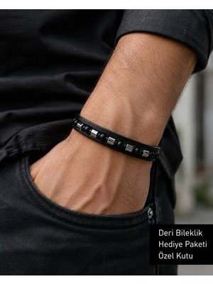 Herşey Nota Noir Steel Siyah Deri & Boncuk Erkek Bileklik – Ayarlanabilir Premium Tasarım