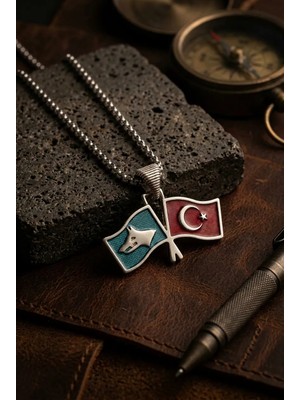 Begondio Göktürk ve Türk Bayraklı El İşçiliği Paslanmaz Çelik Zincir Erkek Kolye