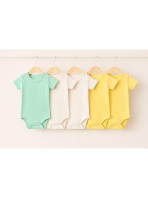 Myzi STORE%100 Pamuk Bebek Kısa Kollu Body Seti 5'li – Ekru, Nane Yeşili ve Sarı Renkli Gümü