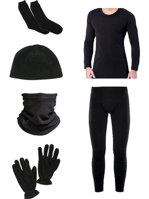 Erkek Siyah Termal Içlik Takımı Havlu Çorap Polar Bere Boyunluk Eldiven 5 Li Set Siyah L-Xl