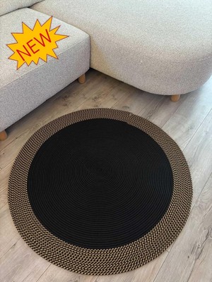 Dahlia Yuvarlak Jüt Halı – Siyah ve Doğal Renkli Örgü El Dokuması Kilim Siyah Kırçıl 70 x