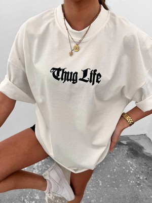 Kadın Bisiklet Yaka Baskılı Oversize  Kısa Kol T-Shirt - Beyaz