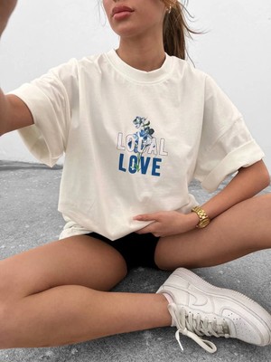 Kadın Bisiklet Yaka Baskılı Oversize  Kısa Kol T-Shirt - Beyaz