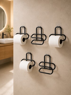 Siyah Metal Tuvalet Kağıdı Tutucu 5’li Set Yapışkanlı Duvar Tipi Banyo Wc Askısı - Lisinya