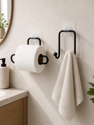 Vidasız Banyo Seti Yapışkanlı Tuvalet Kağıdı Tutucu ve Havlu Askısı 2’li Set - Lisinya