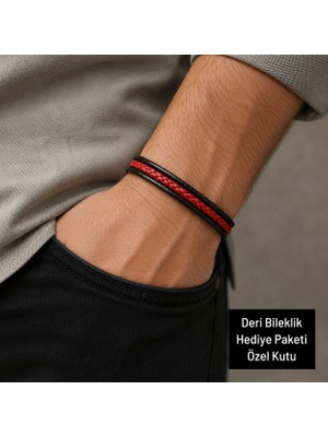 Herşey Nota Vortex Kırmızı Siyah Örgü Deri Erkek Bileklik - Özel Hediye Kutulu