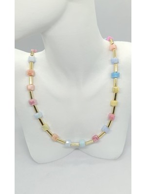 Nd Jewelry Cube Gold Renk Pastel Taşlı Kolye (43+5 cm)