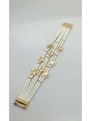 Nd Jewelry Stella Beyaz Deri Gold Yıldızlı Mıknatıslı Bileklik (19 cm)