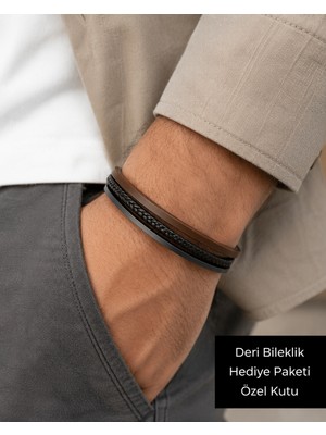 Herşey Nota Montel Obsidian – Örgü Detaylı Erkek Deri Bileklik, Özel Hediye Kutulu