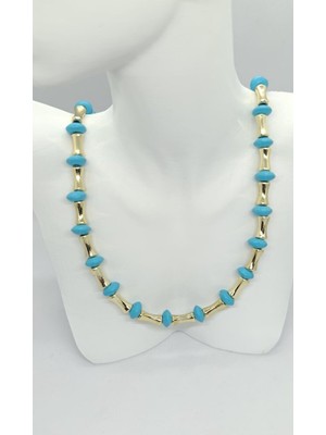 Nd Jewelry Riva Gold Renk Turkuaz Boncuklu Kolye (43+5 cm)
