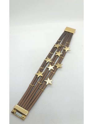 Nd Jewelry Stella Kahverengi Deri Gold Yıldızlı Mıknatıslı Bileklik (19 cm)