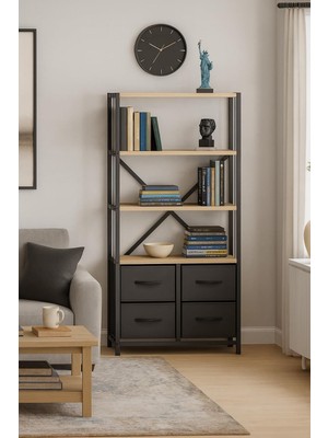 4 Çekmeceli 4 Raflı Kitaplık Çalışma Odası Düzenleyici Metal Kitaplık Deri Çekmeceli Kitap