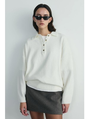 Suud Collection Ekru Rani Polo Yaka Oversize Kazak