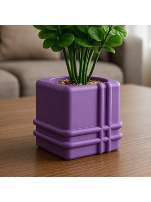 Alvera Square Planter – 3D Baskı Izgara Desenli Küp Saksı-Mor