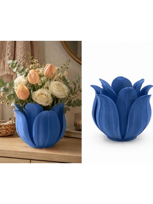 Alvera Lotus Yapraklı Vazo – 3D Baskı Dekoratif Çiçeklik-Mavi