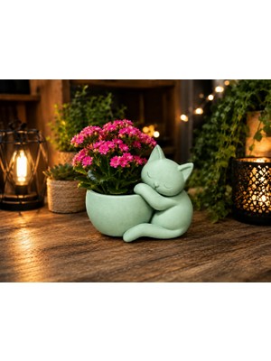 Alvera Sarılan Kedi Saksı – 3D Baskı Sevimli Dekoratif Saksı - Mint