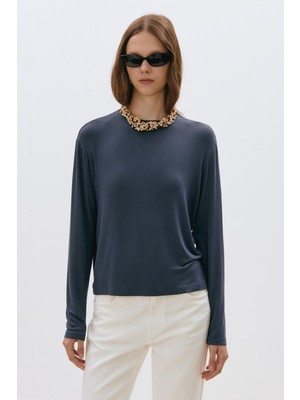 Suud Collection Mavi Naya Dökümlü Uzun Kollu Tişört