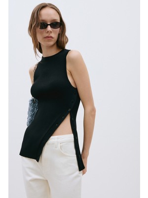 Suud Collection Siyah Nola Çapraz Düğmeli Triko Bluz