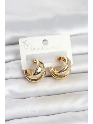 Shopwave 316L Çelik Gold Renk Asimetrik Halka Model Kadın Küpe