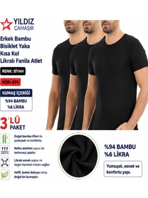 Yıldız Çamaşır Erkek Bambu Bisiklet Yaka Kısa Kol Likralı Fanila Atlet (475-476-477)- 3 Adet