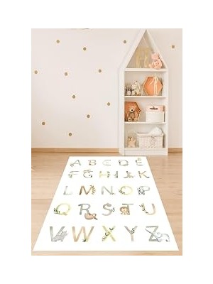 Uravas Store Pelangi Harfler ve Hayvanlar Yıkanabilir Kaymaz Taban Leke Tutmaz Çocuk Odası Halısı, Beyaz-Yeşil-Kahverengi-Sarı 60 x 120
