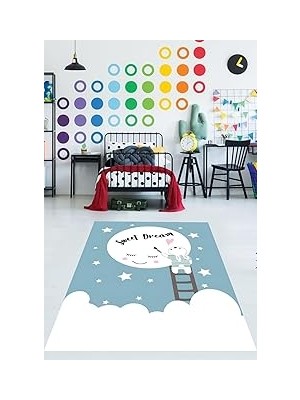 Uravas Store Pelangi Sweet Dream Yazılı Ay Yıldız Temalı Yıkanabilir Kaymaz Taban Leke Tutmaz Çocuk Odası Halısı, Mavi-Pembe-Beyaz 100 x 150