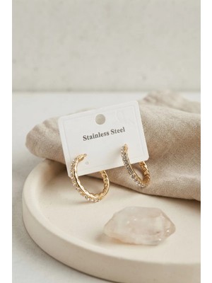 Uravas Store 316L Çelik Gold Renk Zirkon Taşlı Halka Model Küpe TJ-BKP12056