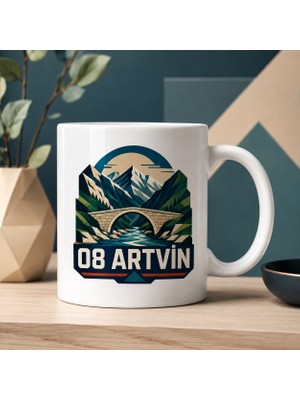 Ajans 313 08 Artvin Temalı Baskılı Kupa Bardak – Dağ, Akarsu ve Taş Köprü Modern Tasarım