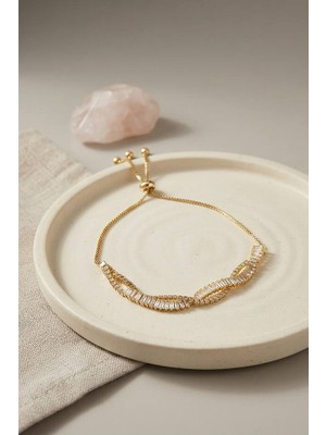 Evimdeyokyok Gold Renk Baget Zirkon Taşlı Sarmal Model Pirinç Asansör Bileklik TJ-BB8836