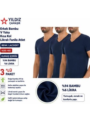 Yıldız Çamaşır Erkek Bambu V Yaka Kısa Kol Likralı Fanila Atlet (480-481-482)- 3 Adet