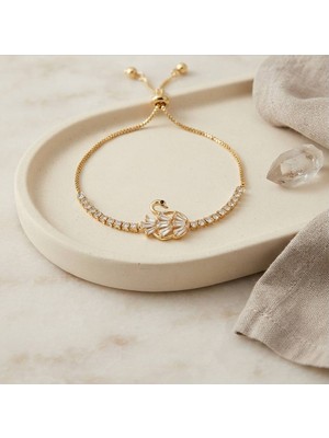 Evimdeyokyok Gold Renk Zirkon Taşlı Pirinç Kuğu Model Asansörlü Bileklik TJ-BB8840