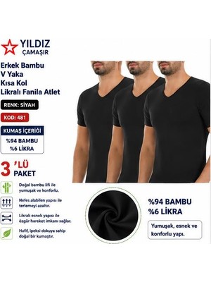 Yıldız Çamaşır Erkek Bambu V Yaka Kısa Kol Likralı Fanila Atlet (480-481-482)- 3 Adet