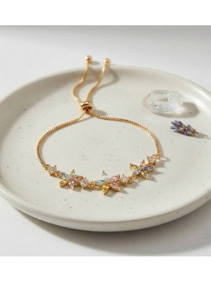 Evimdeyokyok Pirinç Gold Renk Çiçekli Model Zirkon Taşlı Asansörlü Bileklik TJ-BB8838