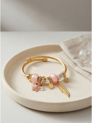 Evimdeyokyok Model Gold Renk Pembe Charmlı Bileklik TJ-BB8668