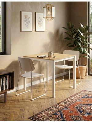 Modern Mutfak Masası 88X60CM Beyaz Metal Ayak Ahşap Desenli
