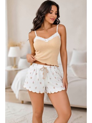 İlk El Grup Ieg™ Kadın Çiçek Desenli Dantel Askılı Şortlu Pijama Takımı 5260