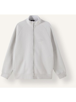 DeFacto Boxy Fit Dik Yaka Baskılı İçi Yumuşak Tüylü Cepli Fermuarlı Sweatshirt Hırka E1367AX26AU