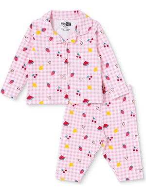 Hellobaby Kız Bebek Pijama Takımı Meyve Baskılı Düğmeli Gömlek Yaka Long Sleeve Reçme