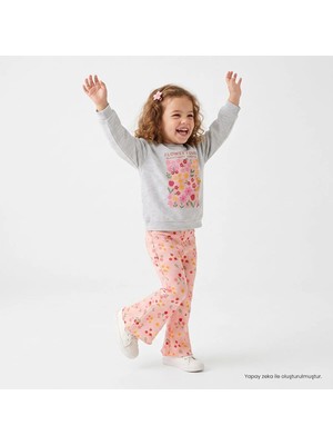 Hellobaby Kız Bebek Sweatshirt-Tayt Çiçek Baskılı Bisiklet Yaka Uzun Kol Reçme